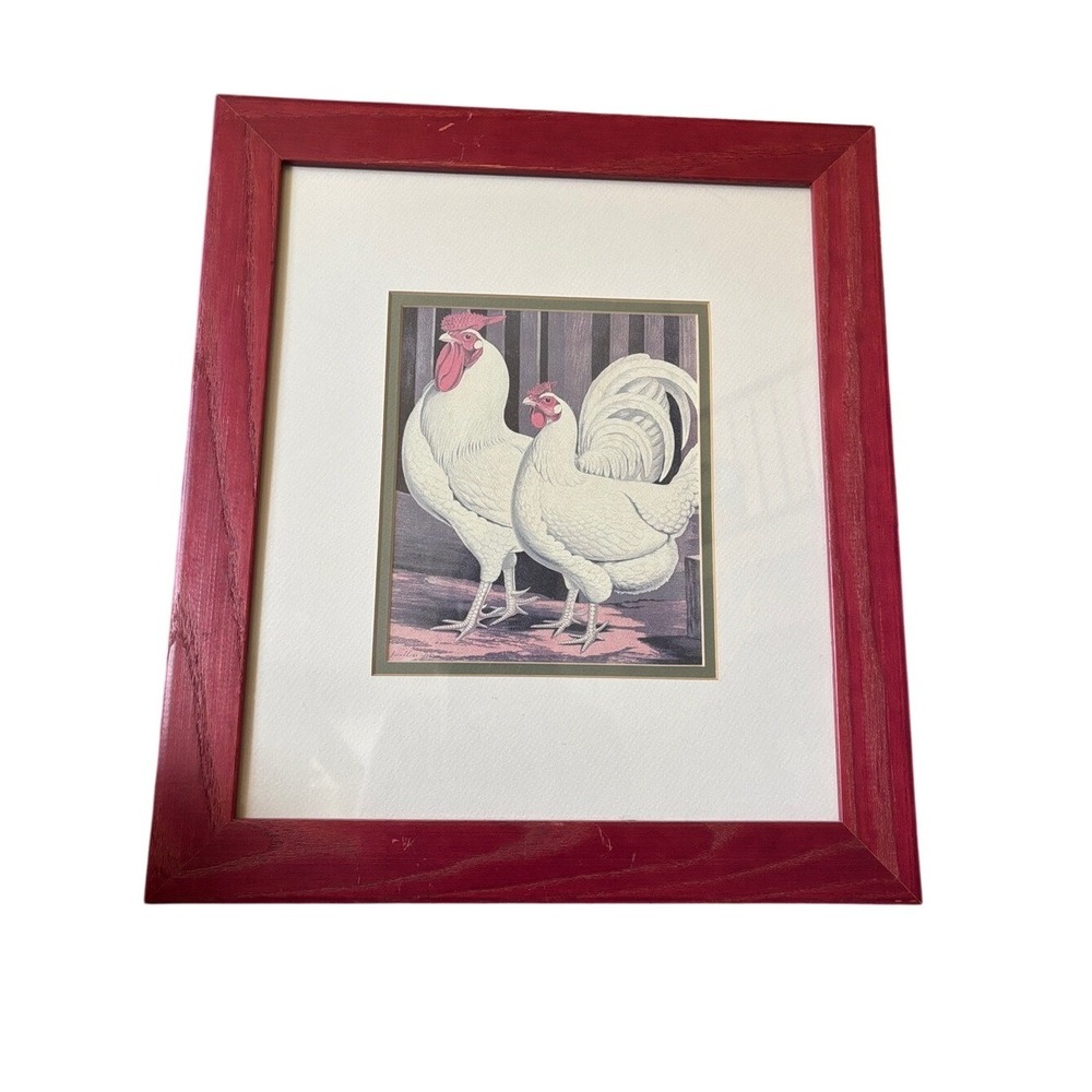 Pair of White Dorkings Rooster Hen Print Framed Matte Red Frame Rustic Farmhouse